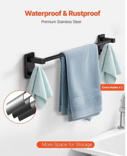 Vevor Matte Black Bathroom Equipment Set Bathroom Accessories Set Stainless Steel 4 Pieces 24-inch 61.0 cm Towel Bar Towel Ring Robe Hook Toilet Paper Holder Bathroom Wall-Mounted