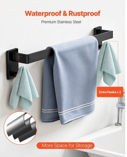 Set of Black Matte Bathroom Accessories Vevor 5 Pieces Bathroom Accessories Stainless Steel 24-inch 61.0 Cm Towel Bar Towel Rack 2 Towel Robe Hooks Toilet Paper Holder Bathroom Wall-Mounted