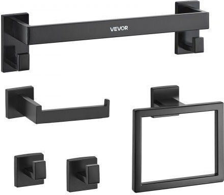 Vevor Matte Black Bathroom Accessories Set 5 Pieces Stainless Steel 16 Inch 40.6 cm Towel Bar Towel Shelf 2 Towel Robe Hooks Toilet Paper Holder Bathroom Wall-Mounted