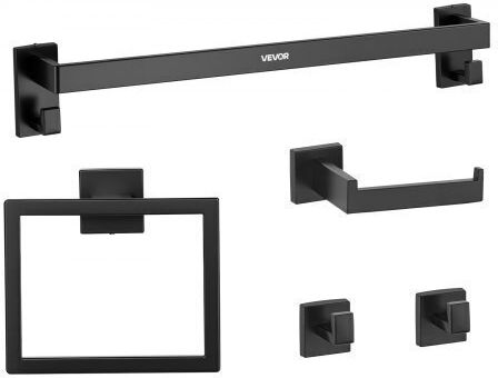 Set of Black Matte Bathroom Accessories Vevor 5 Pieces Bathroom Accessories Stainless Steel 24-inch 61.0 Cm Towel Bar Towel Rack 2 Towel Robe Hooks Toilet Paper Holder Bathroom Wall-Mounted