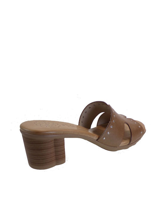 Leather Mules with Heel in Tabac Brown Color