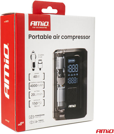 AMiO Τρόμπα Αυτοκινήτου 150PSI Επαναφορτιζόμενη με Μπαταρία 12V