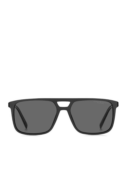 Tommy Hilfiger Men's Sunglasses with Black Horn-Rimmed Frame and Grey Polarized Lenses