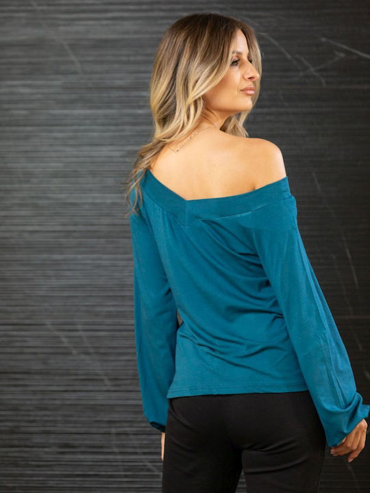Women's Blouse Long Sleeve with V Neckline Petrol Blue
