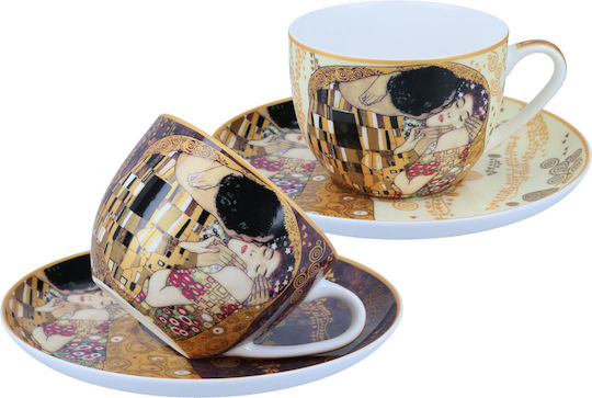 Set 2 Cups Saucers G Klimt Kiss Cream Brown Background Carmani