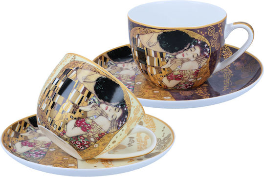 Set 2 Cups Saucers G Klimt Kiss Cream Brown Background Carmani