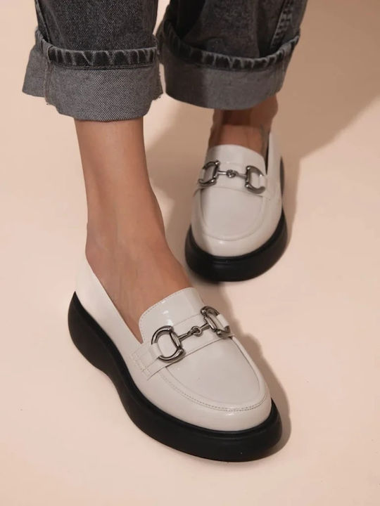 Leather Women's Loafers in Beige Color