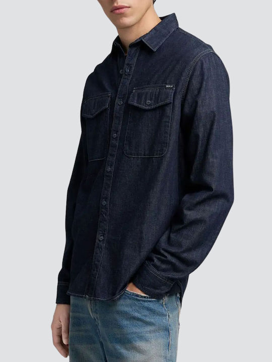 Long-sleeved Denim Shirt Dark Blue Denim