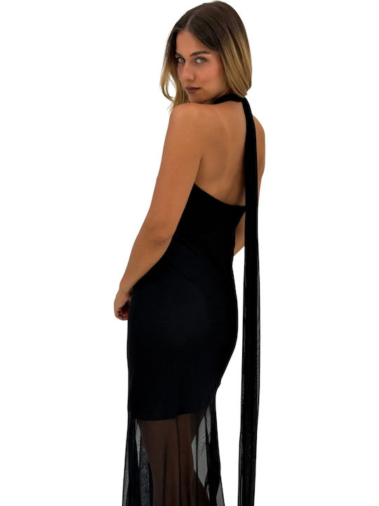 Sommer Maxi Abendkleid mit Tüll & Transparenz Schwarz