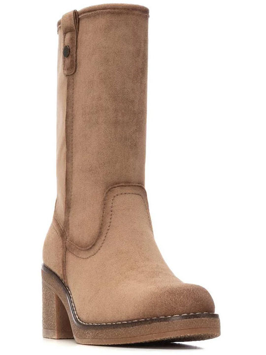 Suede Medium Heel Women's Boots Beige