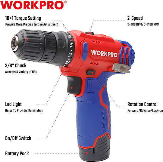 WorkPro WP460203 Mașină De Găurit Cu Baterie Fără Perii 12V 2x2Ah