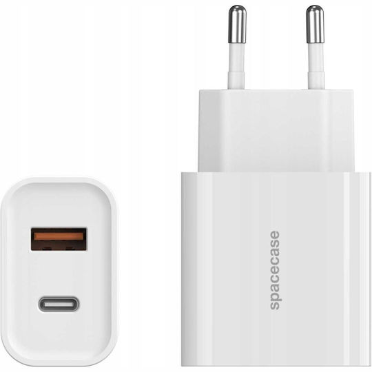Spacecase Charger with USB-A Port and USB-C Port and Cable USB-C - Lightning 20W Power Delivery / Quick Charge 3.0 Whites (PowerSet)
