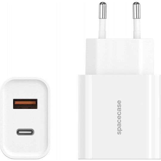 Spacecase Charger with USB-A Port and USB-C Port and Cable USB-C - Lightning 20W Power Delivery / Quick Charge 3.0 Whites (PowerSet)