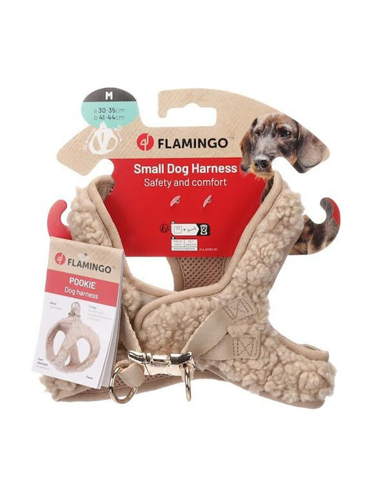 Flamingo Step&go Dog Harness Pookie – Beige – Size M A 30–35 Cm B 41–44 Cm 5 Mm – Soft Fleece Harness Velcro Closure Click Buckle Gold-Colored Details
