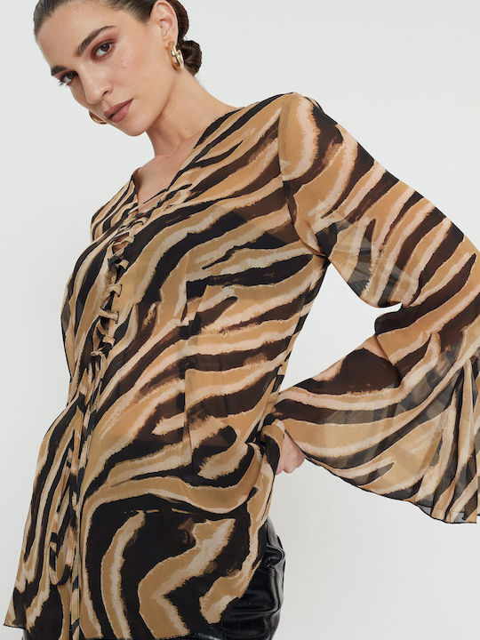 Langärmelig Damen Hemd Caramel Drucken