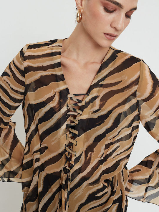 Langärmelig Damen Hemd Caramel Drucken