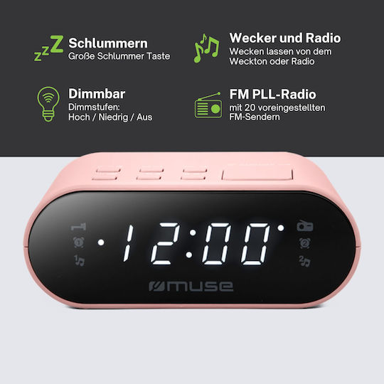 Muse Tabletop Digital LED Clock with Alarm Clock & Radio Pink M-10CPK