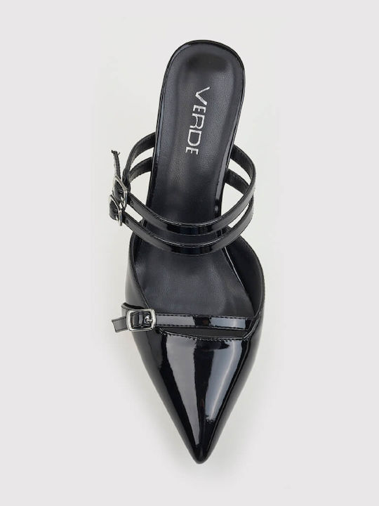 Women's Mules from Patent Leather with Thin High Heel in Black Color