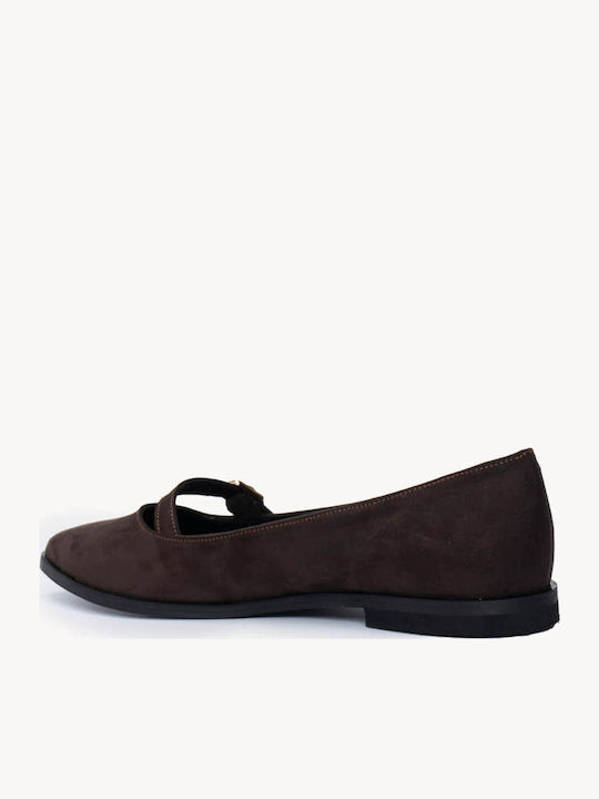 Braune Damen Ballerinas Mit Riemen Mit Metallischer Agraffe