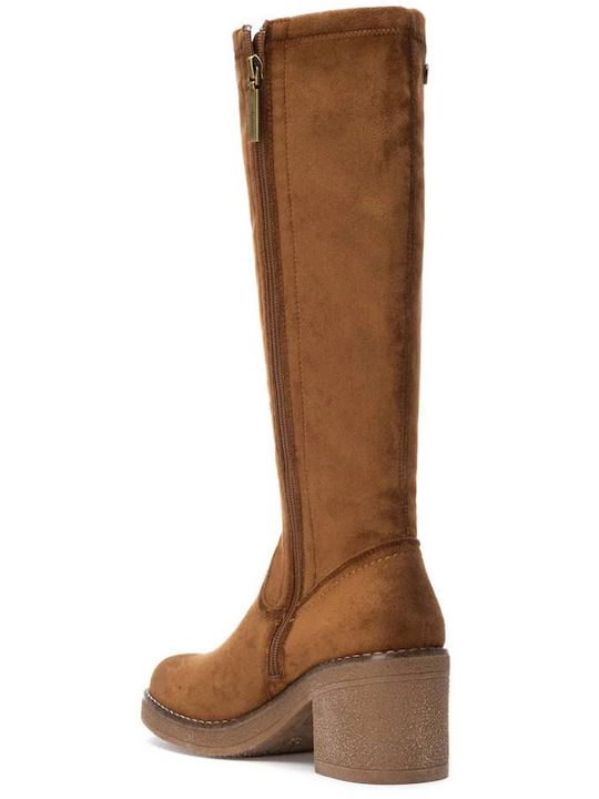 Suede Medium Heel Women's Boots Tabac Brown