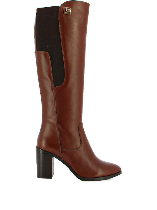 Leder Damenstiefel mit hohem Absatz Tabac Braun