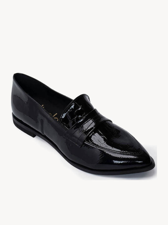 Μαύρα Loafers Λουστρίνι Croco Σχέδιο Μυτερή Μύτη