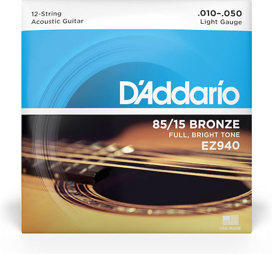 Daddario Set of Bronze Strings for Acoustic Guitar 85/15 12-String Light 10 - 50"