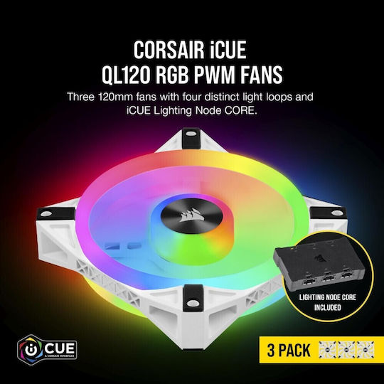 Corsair iCUE QL120 Gehäuselüfter (1500rpm / 41,8cfm) mit RGB Beleuchtung und Verbindung 4-Pin PWM 3Stück Weiße
