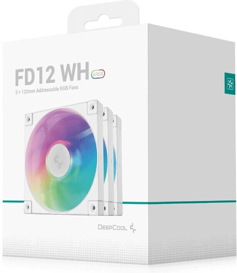 Deepcool Fd12 Вентилатор За Кутия 120мм (2050rpm / 63.6cfm) с ARGB Осветление и Свързване 3-Pin / 4-изводна ШИМ 3бр Бели