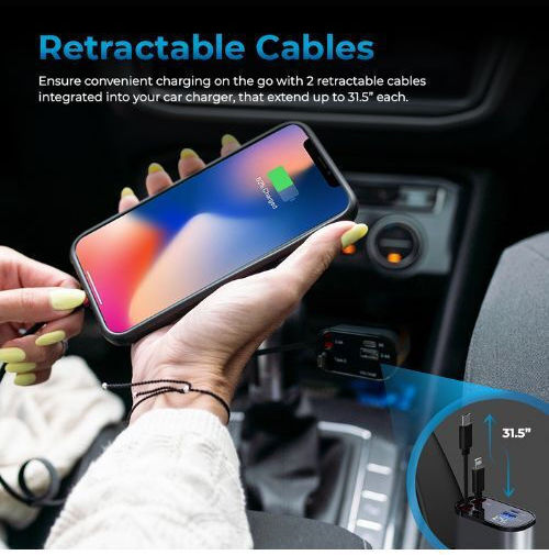 Autosky Car Charger 100W Fast Charging with Ports 1xUSB-A 1xType-C with Type-C / Lightning Cable