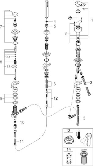 Grohe Eurocube Σετ Μίκτης & Τηλέφωνο Εντοιχισμού για Μπανιέρα 2 Εξόδων Chrome