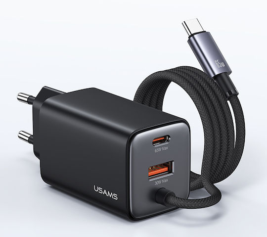 Usams Charger with Built-in Cable GaN with USB-A Port and USB-C Port USB-C 65W Blacks (CC266)
