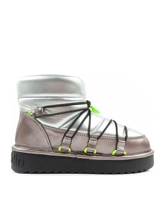 Synthetic Leather Snow Boots with Fur Silver