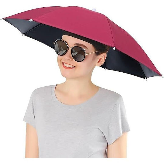 Head Umbrella Flippy 69 Cm Diameter Elastic Headband UV Rain Protection Dark Red