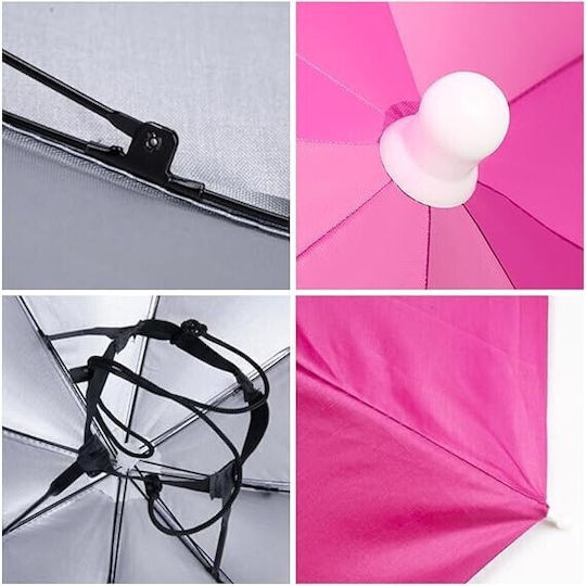 Head Umbrella Flippy 69 Cm Diameter Elastic Headband UV Rain Protection Pink