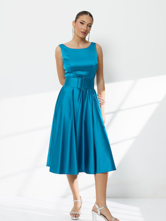 Summer Midi Dress for Wedding / Baptism Satin Open Back Petrol Blue