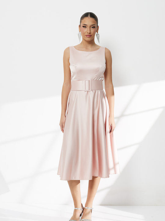 Summer Midi Dress for Wedding / Baptism Satin Open Back Pink