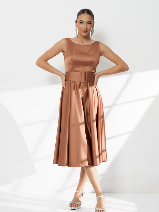 Summer Midi Dress for Wedding / Baptism Satin Open Back Gold