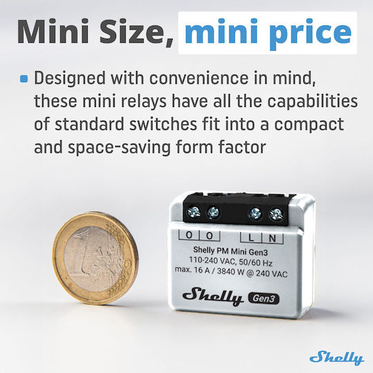Shelly PM Mini Gen3 X2 Smart Switch Wi-Fi & Bluetooth 16A 2τμχ