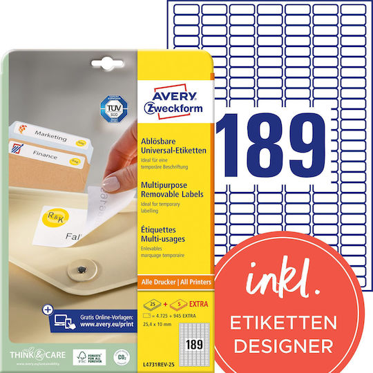 Avery 4725 Αυτοκόλλητες Ετικέτες Α4 Ορθογώνιες 25.4x10mm