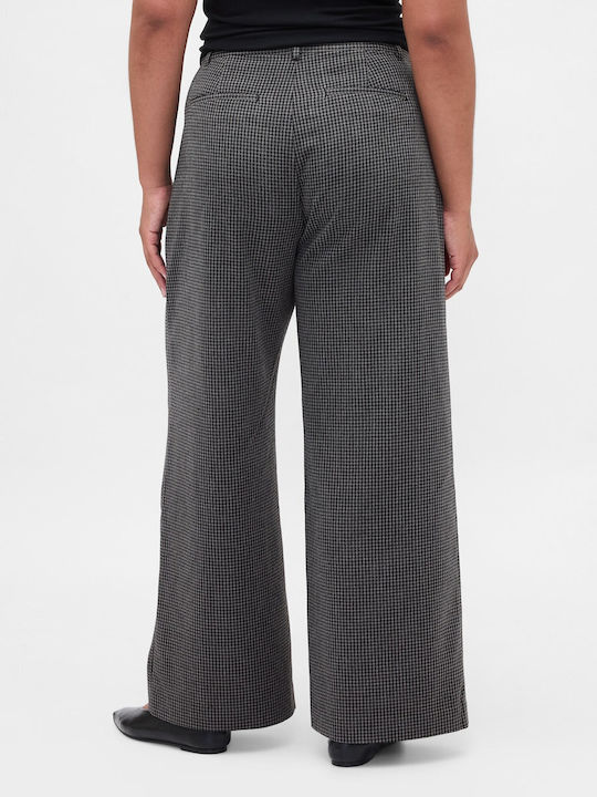 Women's High-waisted Fabric Trousers with Elastic Tonal Grey Plaid