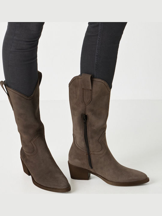 Leder Damenstiefel mit mittlerem Absatz Braun