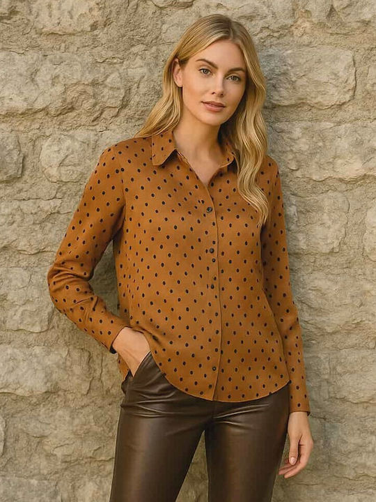 Women's Satin Polka Dot Long Sleeve Shirt Orange
