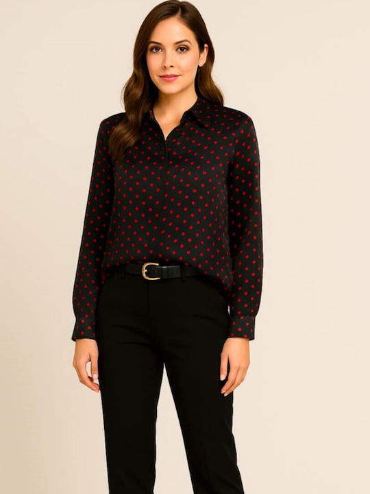 Women's Satin Polka Dot Long Sleeve Shirt Black With Red Polka Dots