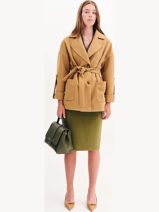 Women's Camel, Beige Coat with Belt