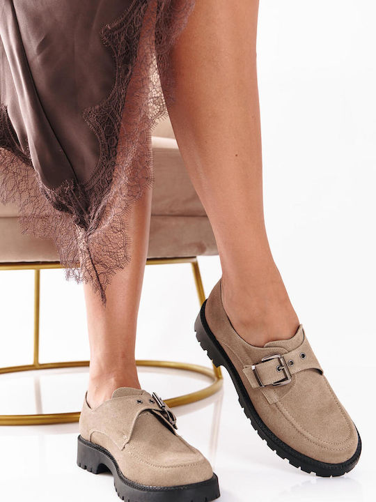 Mocasini Dama Loafers Angora Din Piele Intoarsa Bej Inchis Cu Cataramă Metalică