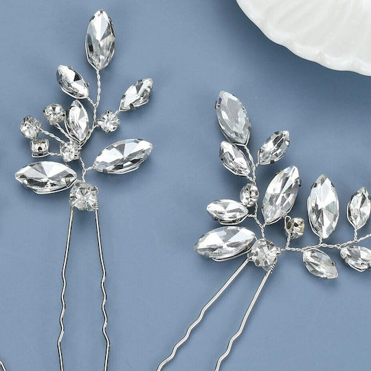 Set of 3 Formal Impressive Hair Pins Decorated with Shiny Strass Diamonds Silver