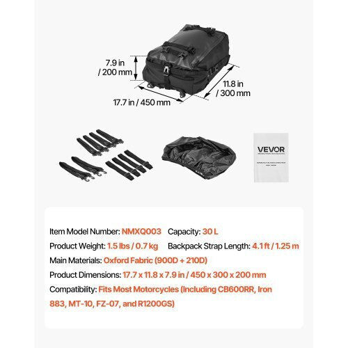 Vevor Waterproof Motorcycle Tail Bag 30lt Black