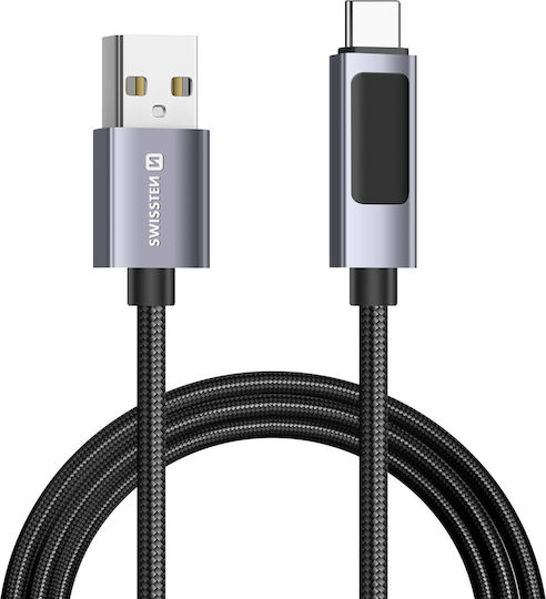 Swissten 3a Зареждане Синхронизация USB Към USB-C 60W Кабел 1.5м LED Екран Черен