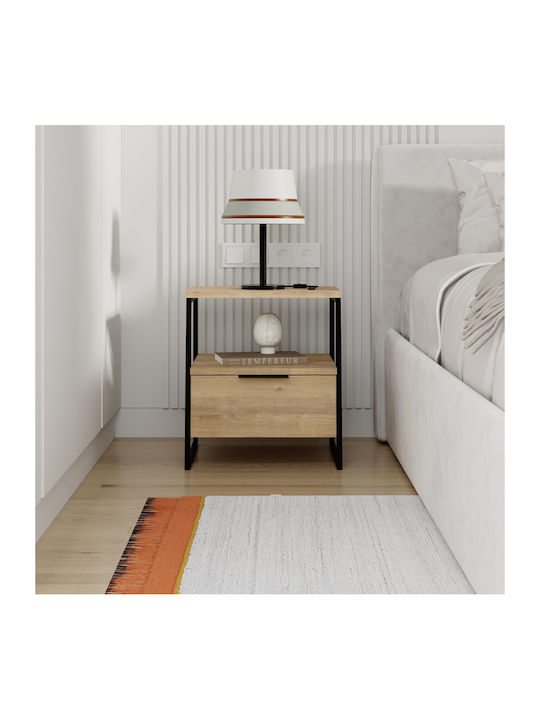 Pal Wooden Bedside Table with Metallic Legs Φυσικό Οξιάς 45x40x50cm